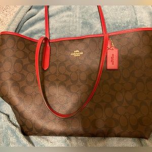 Signature coach tote, brown with red trim